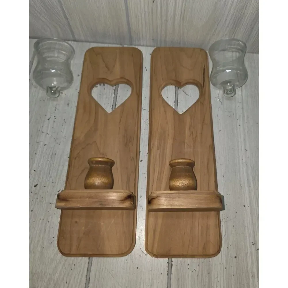 Vintage 90s Wood Heart Sconce Set W/Clear Ruffled Votives Cottagecore Heritage